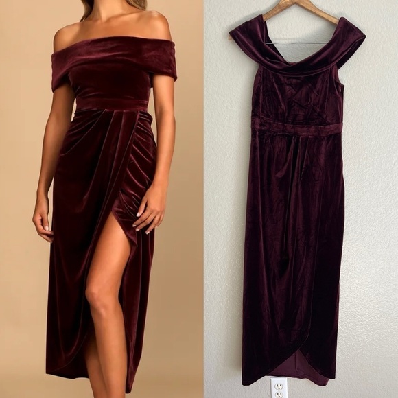 NWOT I'm Enchanted Burgundy Velvet Off-the-Shoulder Maxi Dress - Picture 1 of 8